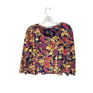 Peruvian Connection Blue Yellow Floral Print Scoop Neck Shirt Size Medium